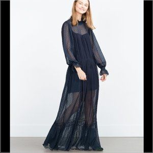 Zara Navy Blue Sheer Maxi Dress